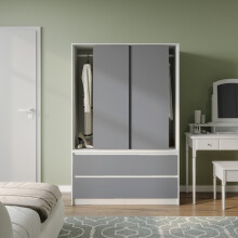 (White with Grey Drawers) 180cm 3 Sliding Door 4 Drawer Wardrobe Clothes Storage Hanging Rail Bedroom