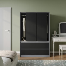(Grey with Black Drawers) 180cm 3 Sliding Door 4 Drawer Wardrobe Clothes Storage Hanging Rail Bedroom