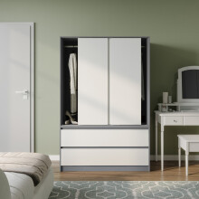 (Grey with White Drawers) 180cm 3 Sliding Door 4 Drawer Wardrobe Clothes Storage Hanging Rail Bedroom