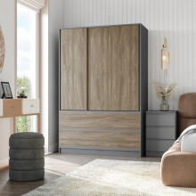 (Grey with Oak Drawers) 180cm 3 Sliding Door 4 Drawer Wardrobe Clothes Storage Hanging Rail Bedroom