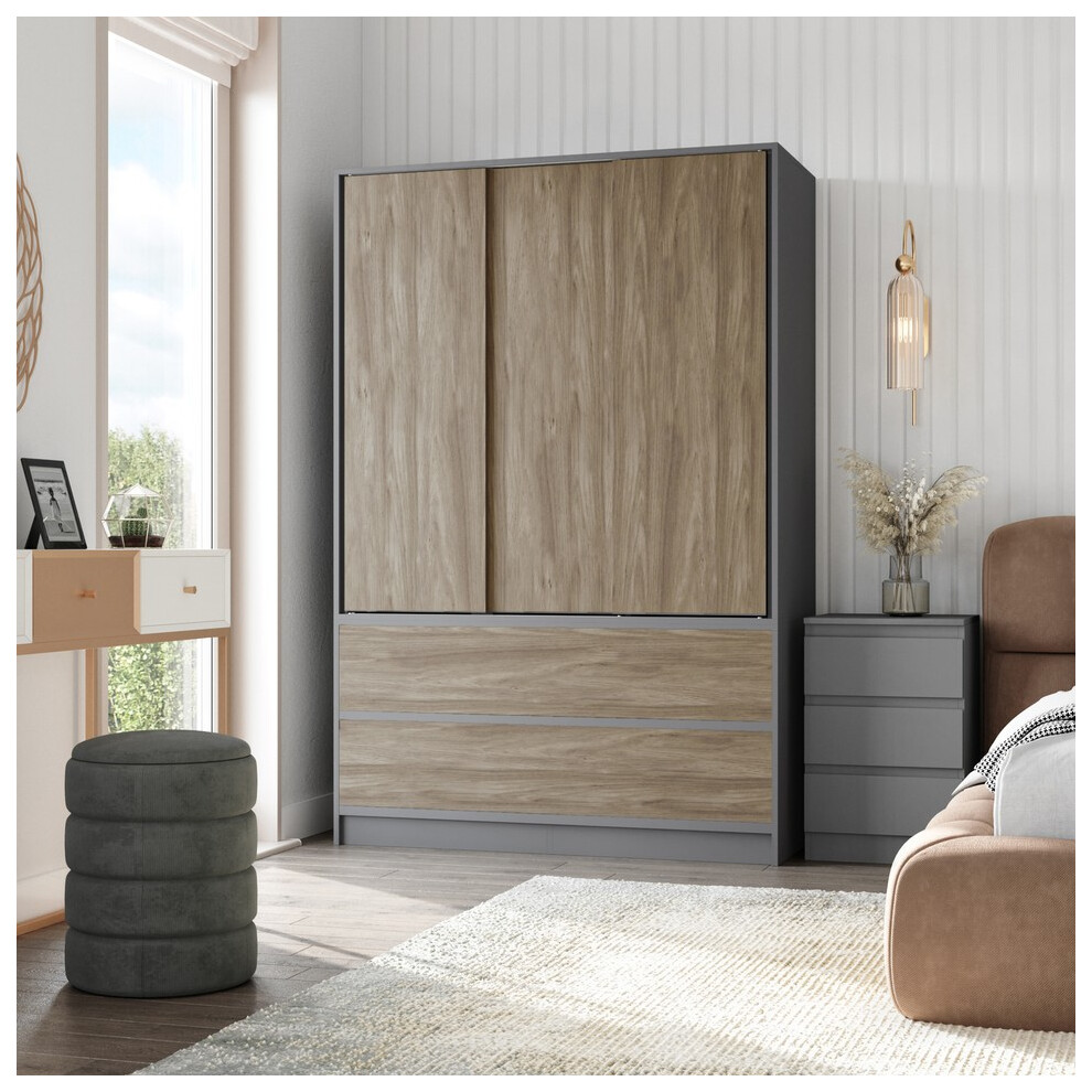 Urbn Living (Grey With Oak Drawers) 180Cm 3 Sliding Door 4 Drawer Wardrobe Clothes Storage Hanging Rail Bedroom