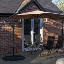 4 Person Rectangular Glass Top Table Chairs With Beige Banana Parasol and Base