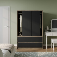 (Oak with Black Drawers) 180cm 3 Sliding Door 4 Drawer Wardrobe Clothes Storage Hanging Rail Bedroom