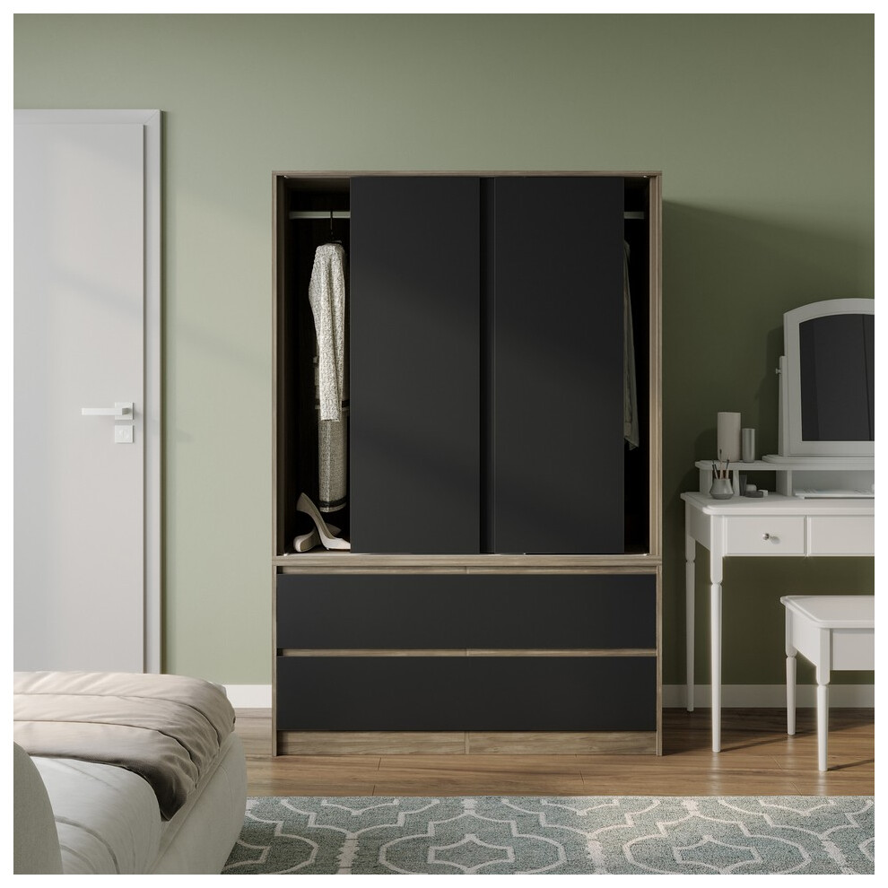 Urbn Living (Oak With Black Drawers) 180Cm 3 Sliding Door 4 Drawer Wardrobe Clothes Storage Hanging Rail Bedroom