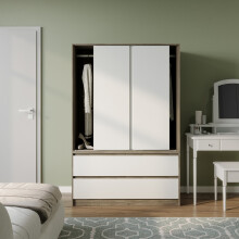(Oak with White Drawers) 180cm 3 Sliding Door 4 Drawer Wardrobe Clothes Storage Hanging Rail Bedroom