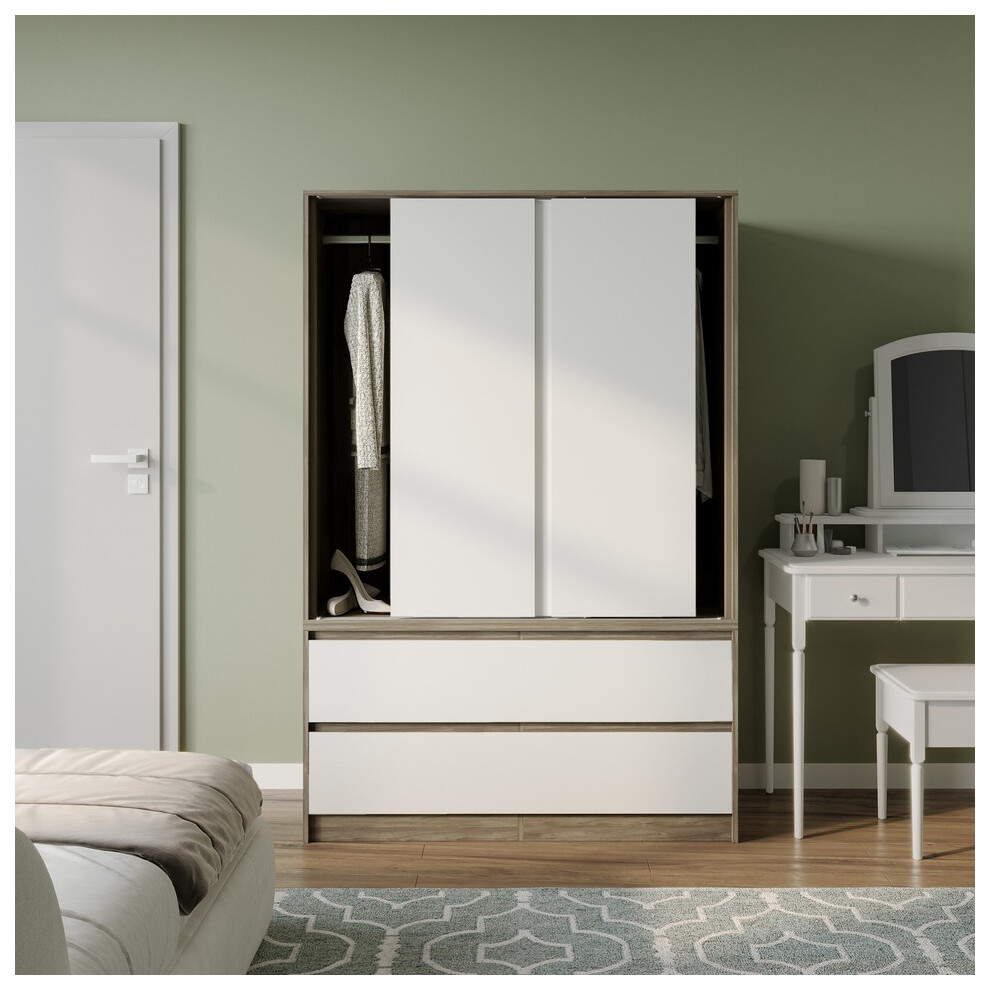 (Oak with White Drawers) 180cm 3 Sliding Door 4 Drawer Wardrobe Clothes Storage Hanging Rail Bedroom-image-OPC-PGVXTC6-NEW