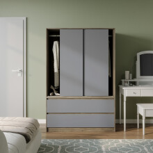 (Oak with Grey Drawers) 180cm 3 Sliding Door 4 Drawer Wardrobe Clothes Storage Hanging Rail Bedroom