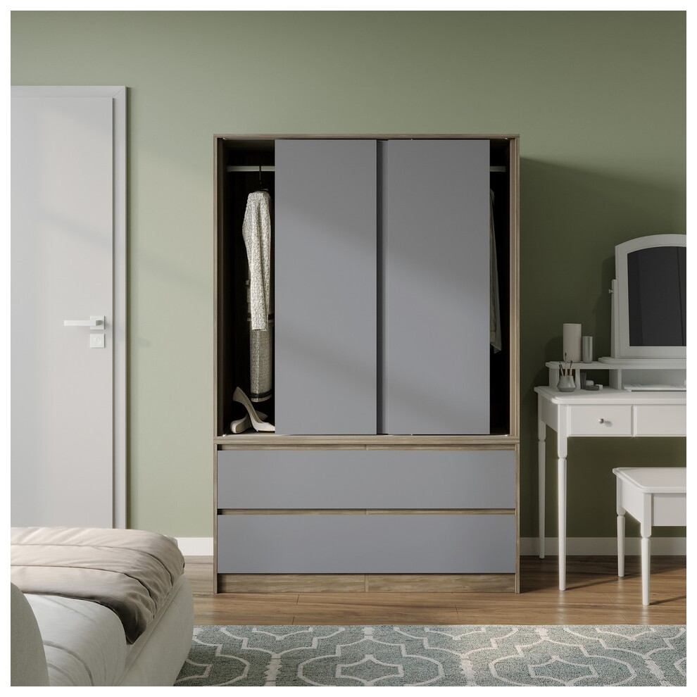 Urbn Living (Oak With Grey Drawers) 180Cm 3 Sliding Door 4 Drawer Wardrobe Clothes Storage Hanging Rail Bedroom