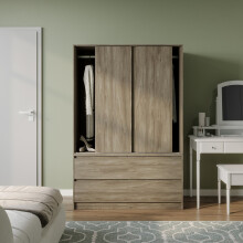 (Oak with Oak Drawers) 180cm 3 Sliding Door 4 Drawer Wardrobe Clothes Storage Hanging Rail Bedroom