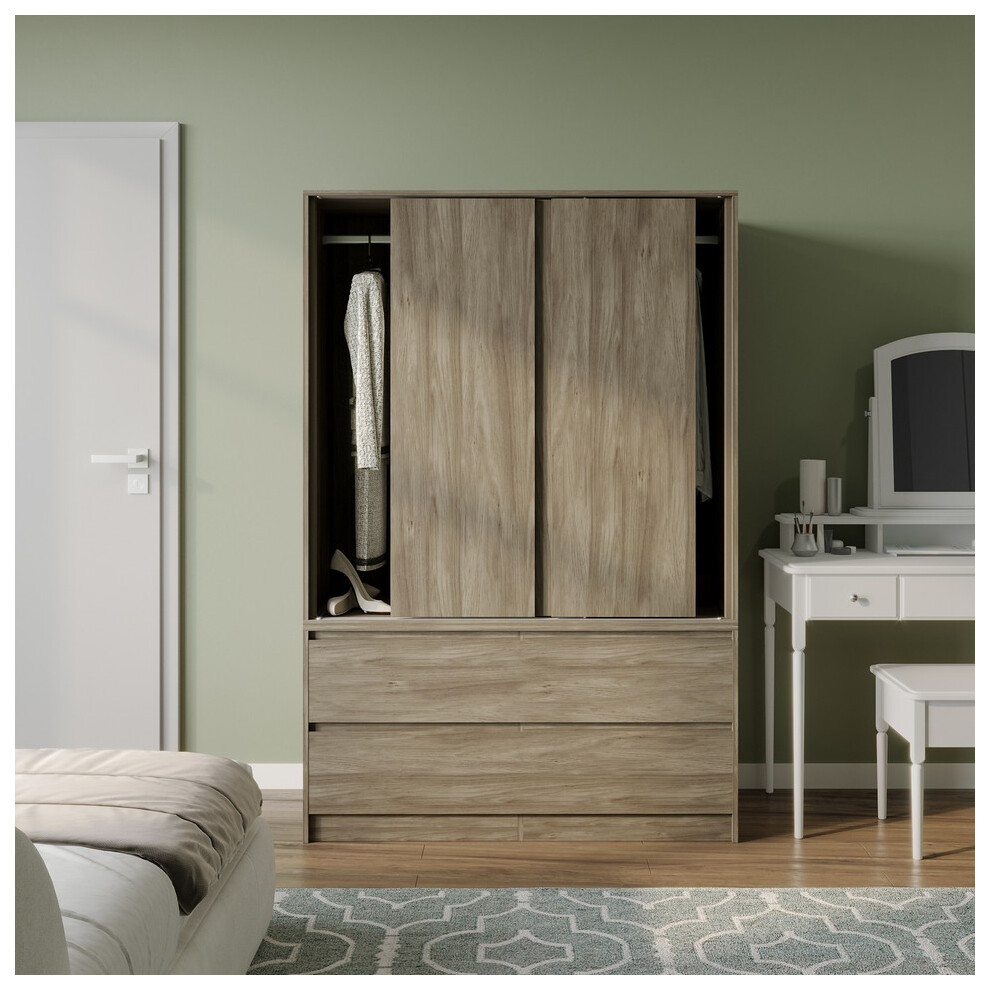 Urbn Living (Oak With Oak Drawers) 180Cm 3 Sliding Door 4 Drawer Wardrobe Clothes Storage Hanging Rail Bedroom