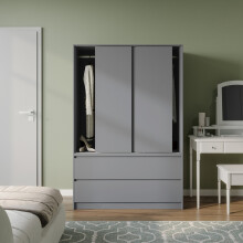 (Grey with Grey Drawers) 180cm 3 Sliding Door 4 Drawer Wardrobe Clothes Storage Hanging Rail Bedroom