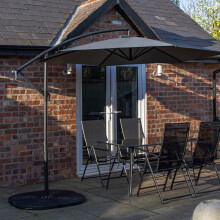 4 Person Rectangular Glass Top Table Chairs With Grey Banana Parasol and Base