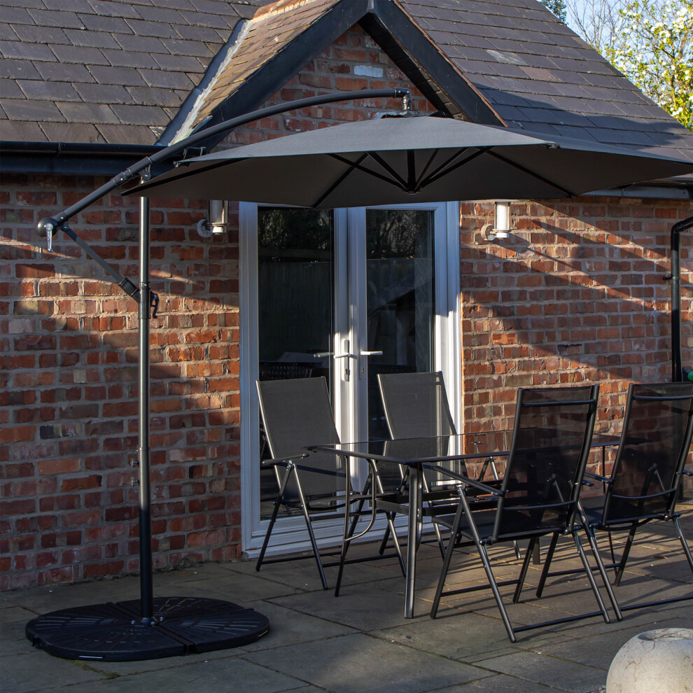4 Person Rectangular Glass Top Table Chairs With Grey Banana Parasol and Base