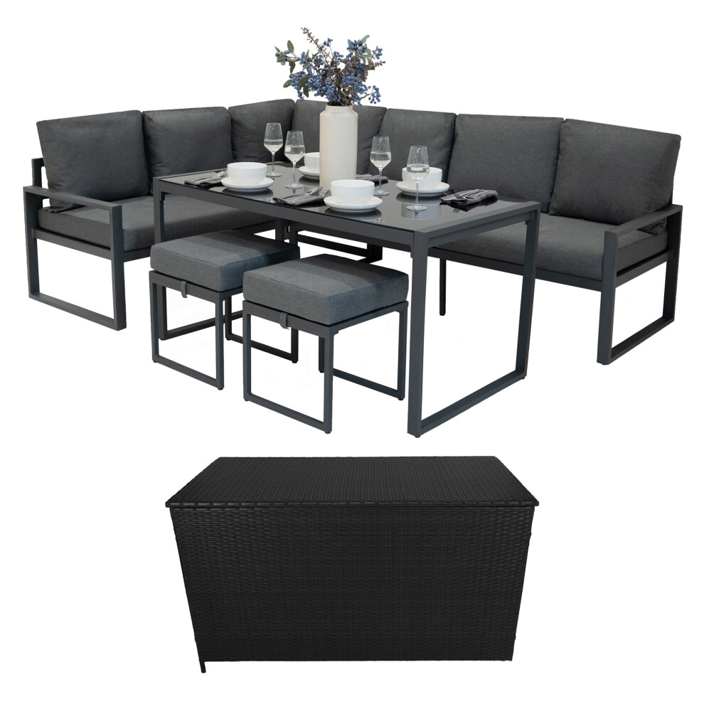 (Anthracite Grey) Aluminium Corner Sofa Set With Black Rattan Storage Box