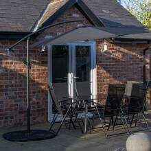 6 Person Rectangular Glass Top Table Chairs With Black Banana Parasol and Base