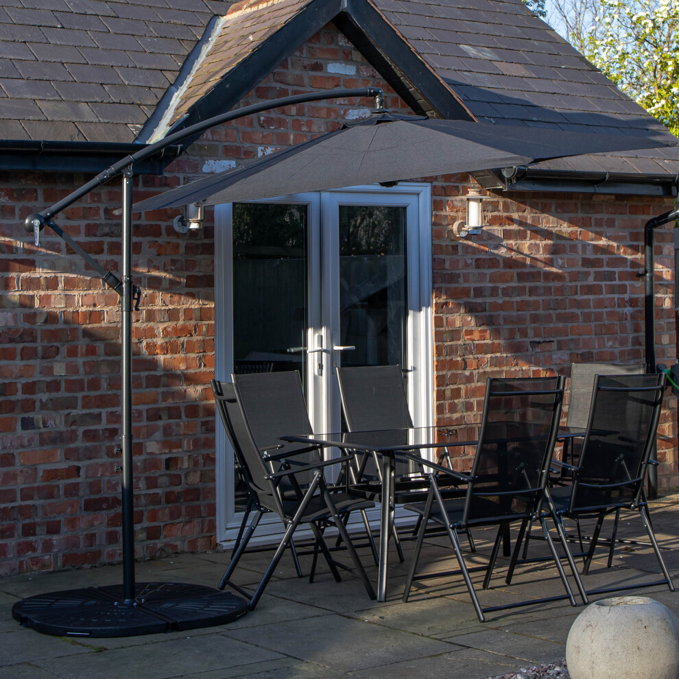 6 Person Rectangular Glass Top Table Chairs With Black Banana Parasol and Base