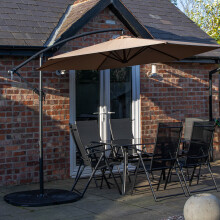 6 Person Rectangular Glass Top Table Chairs With Beige Banana Parasol and Base