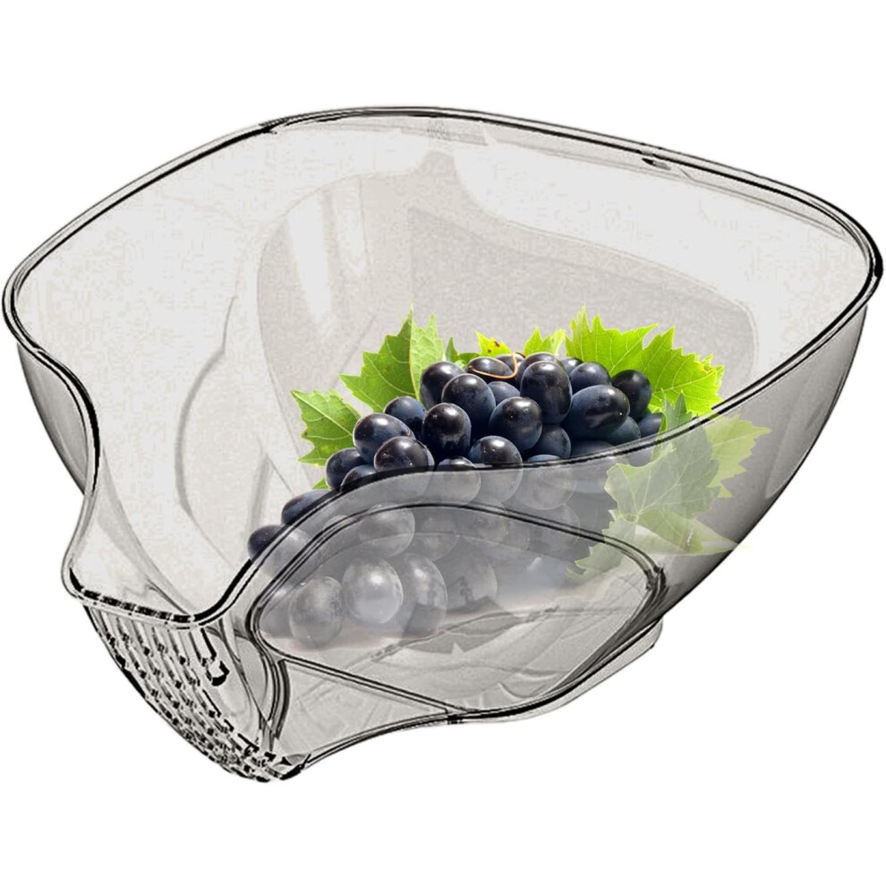 (Transparent Gray) Vegetable Washing Basket - Safety Hangable Strainer Bowl with Side Filter | Stackable Kitchen Strainer for Space Saving, Multifunct