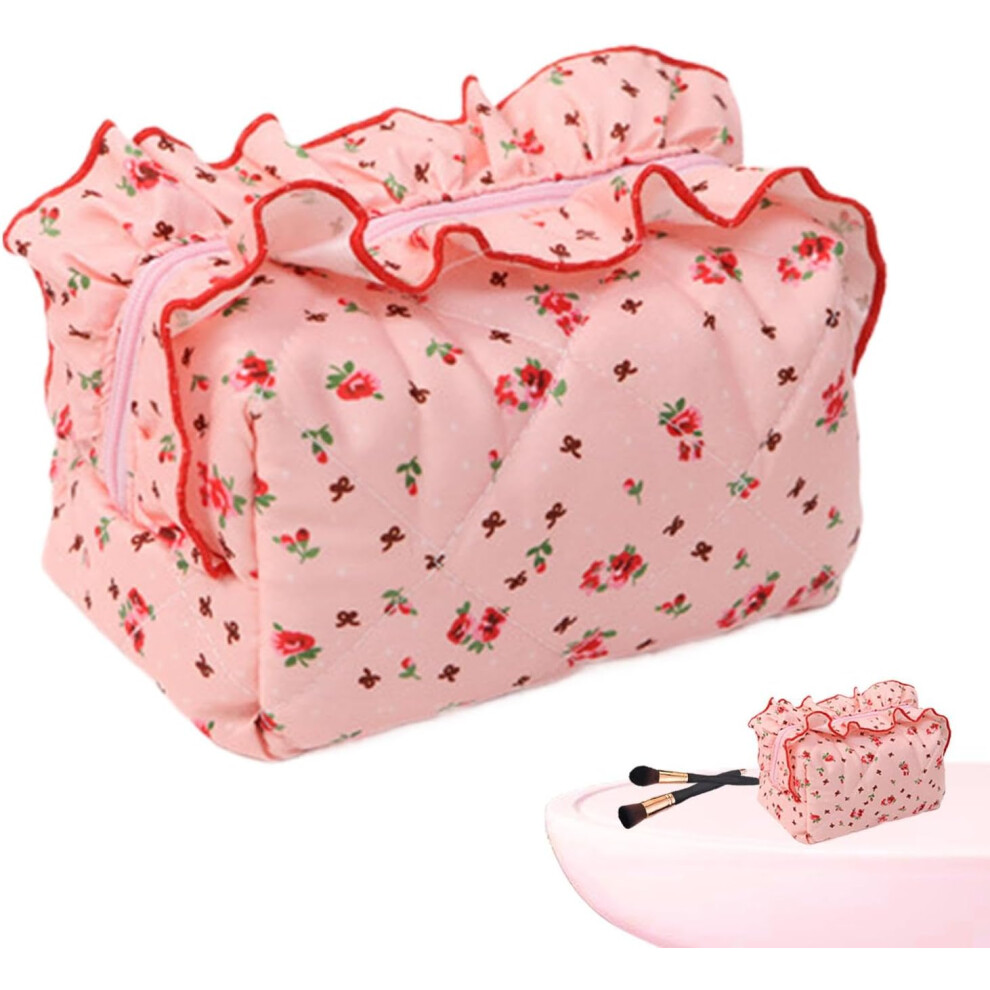 (Pink) Coquette Makeup Bag,Ruffled Floral Pouch Toiletry Bag | Portable Storage Zipper Purse, Aesthetic Pouch Toiletry Bag for Girls Women