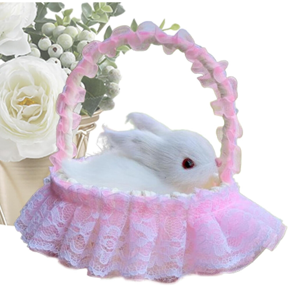 (Pink) Realistic Furry Bunny, Realistic Furry Rabbits Figurines With Basket, Animal Figurines, Simulation Animal Model Decoration For Home Living Room Pink