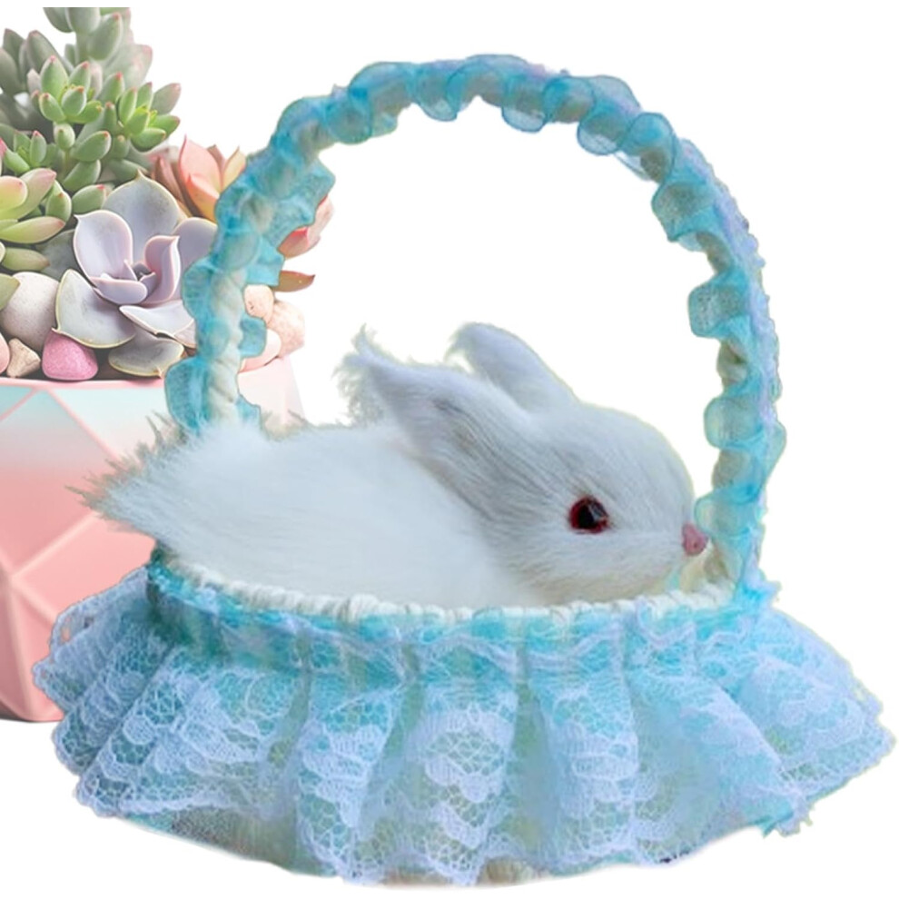 (Blue) Realistic Furry Bunny, Realistic Furry Rabbits Figurines With Basket, Animal Figurines, Simulation Animal Model Decoration For Home Living Room Blue