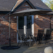 6 Person Rectangular Glass Top Table Chairs With Grey Banana Parasol and Base