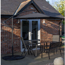 6 Person Rectangular Glass Top Table Benches & Chairs With Black Banana Parasol and Base