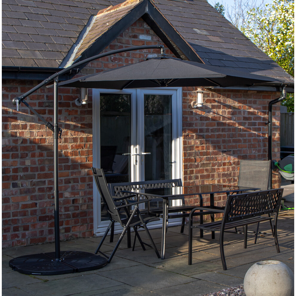 Samuel Alexander 6 Person Rectangular Glass Top Table Benches & Chairs With Banana Parasol And Base Black