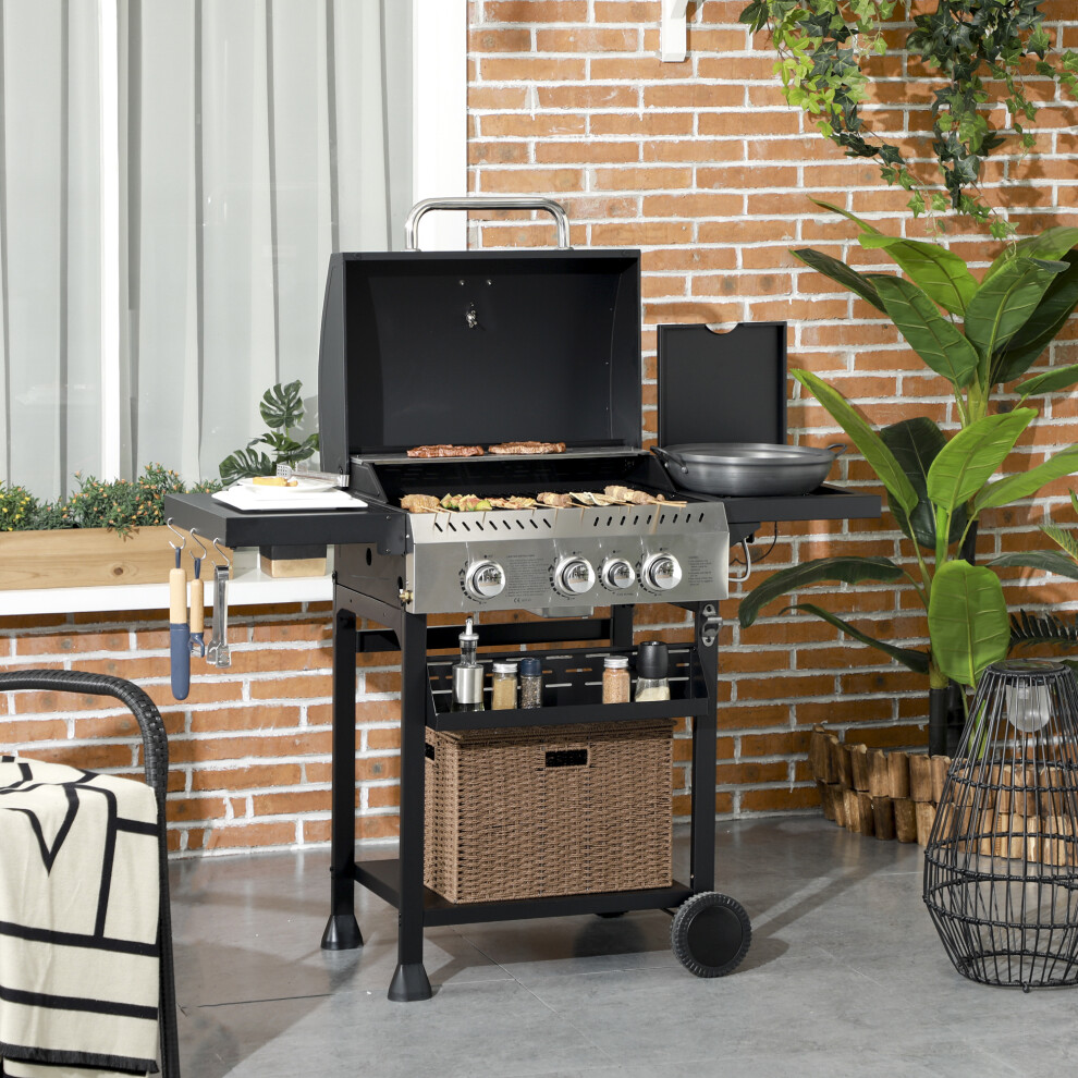 Outsunny 3+1 Burner Propane Gas Barbecue Grill with Thermometer, Bottle Opener
