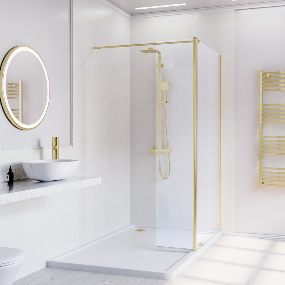 Nes Home Brushed Brass 1000mm Wet Room Screen 8mm Tempered Glass With 300mm Flipper Panel