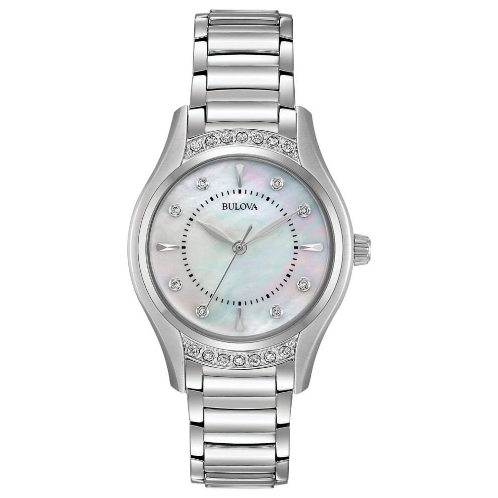 Bulova Ladies' Classic Diamond 3-Hand Quartz Stainless Steel Watch  16 Diamonds  Mother-of-Pearl Dial  Curved Mineral Crystal  Silver Tone
