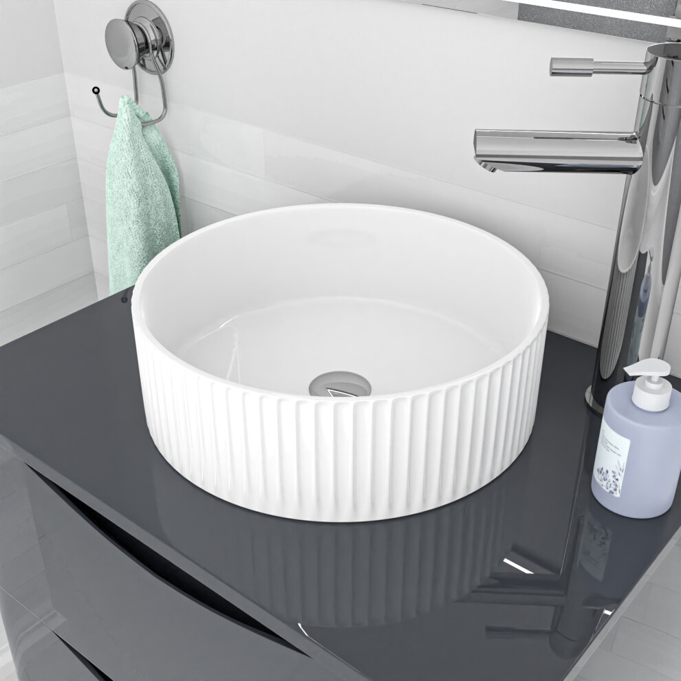 Nes Home 360mm Fluted Round Countertop Sink Gloss White