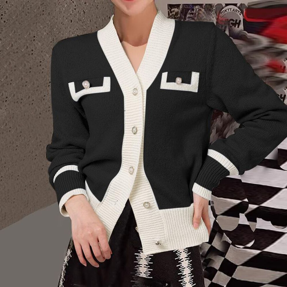 (2XL, black) VONDA Women Autumn V-Neck Long Sleeve Patchwork Cardigans