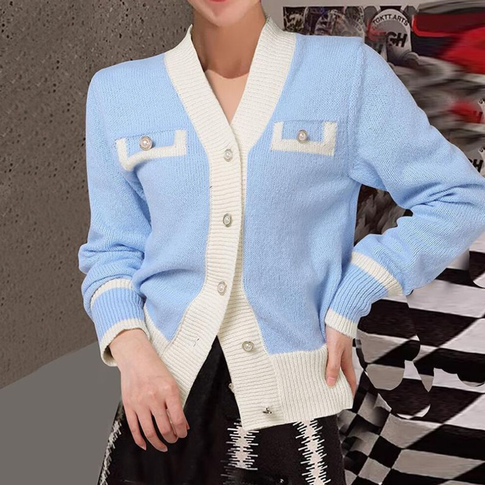 (2XL, blue) VONDA Women Autumn V-Neck Long Sleeve Patchwork Cardigans