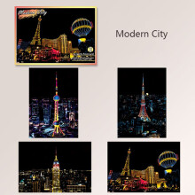 (Modern City) Magic Night View Scratch Art Painting Paper Kit W Bamboo Drawing Kid Toy Stick