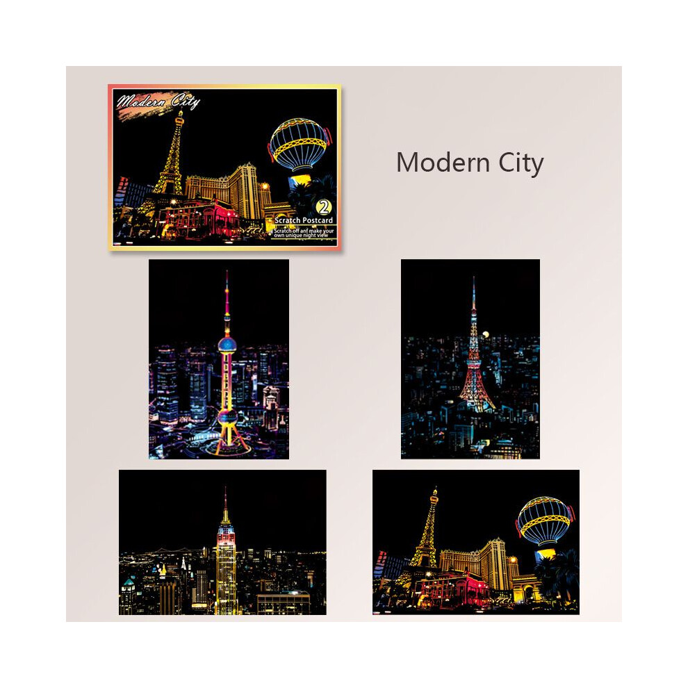 (Modern City) Magic Night View Scratch Art Painting Paper Kit W Bamboo Drawing Kid Toy Stick-image-OPC-PGW2DDH-NEW