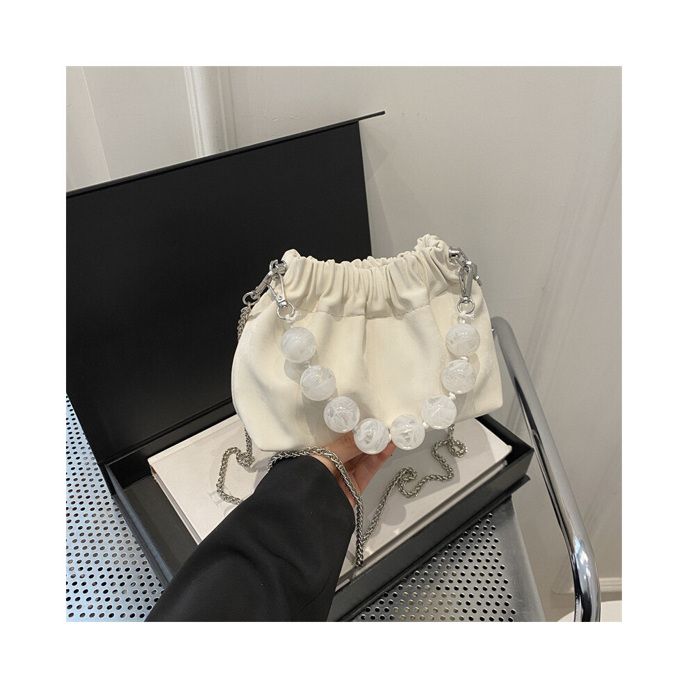 (White) Trendy Chic And Leather Bucket Bag With Chain And Beads For Use Everyday-image-OPC-PGW2HHK-NEW