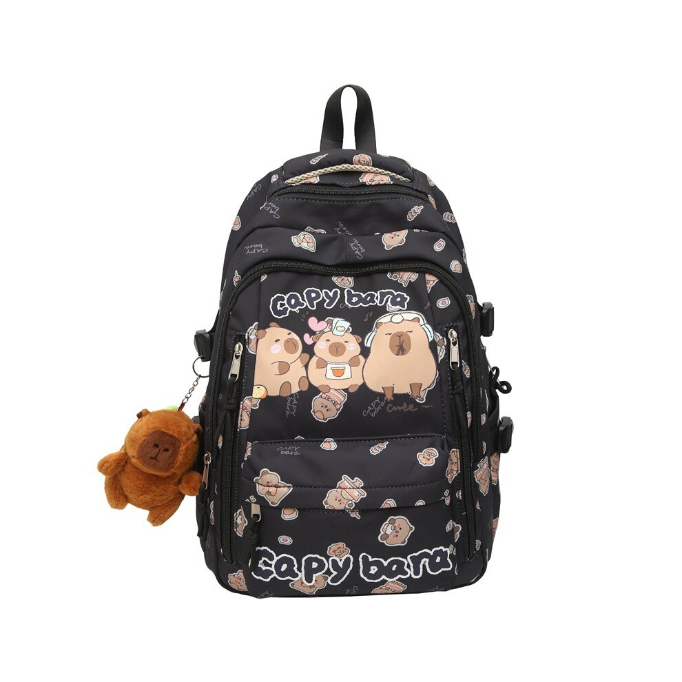 (Black) Cartoon Pattern Capybara Backpack Large Capacity Shoulders Gift Bag Children