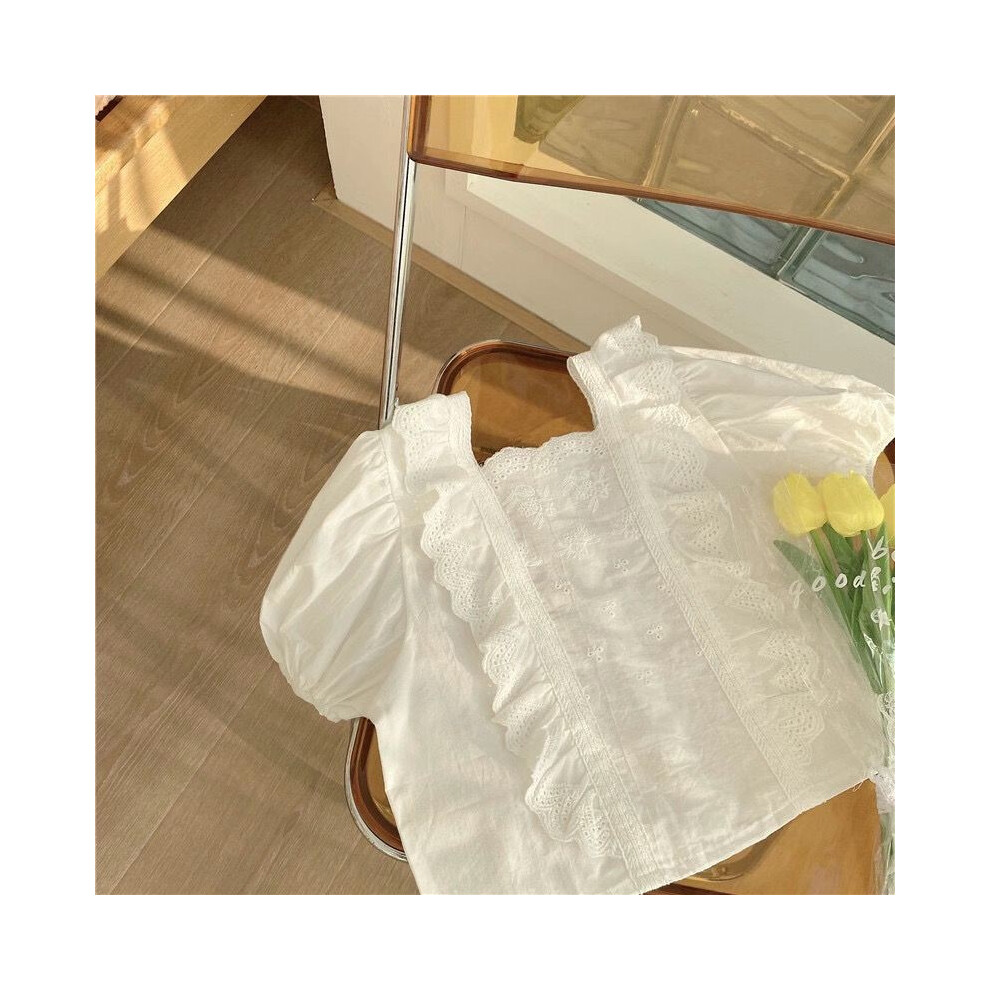 (White Top, 80cm/31.50in) Two Piece Fashionable Set For Girls Including Lace Shirt And Denim Shorts For Summer-image-OPC-PGW6FKT-NEW