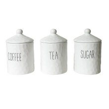 Dimples Canister Set 3 Pieces Ceramic White with Black Writing Coffee Tea Sugar