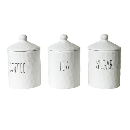 Dimples Canister Set 3 Pieces Ceramic White with Black Writing Coffee Tea Sugar
