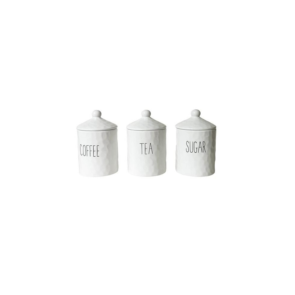Apollo Dimples Canister Set 3 Pieces Ceramic White With Black Writing Coffee Tea Sugar