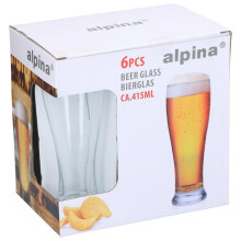 Beer Glass Set 6pcs 415ml Clear Glass Slim Design Home Bar Kitchen Drinkware