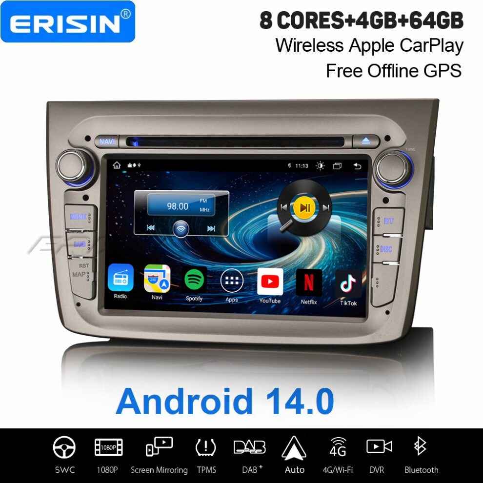 Erisin 8-Core 64Gb Android 14 Car Stereo Alfa Romeo Mito Carplay Wifi 4G Dab+ Satnav Obd2 Bluetooth Dvr