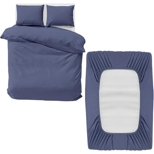 (Washed Blue, Single Size Set) 4PC Dyed Duvet Cover Bedding Set with Fitted Sheet