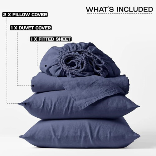 (Washed Blue, Single Size Set) 4PC Dyed Duvet Cover Bedding Set with Fitted Sheet 2