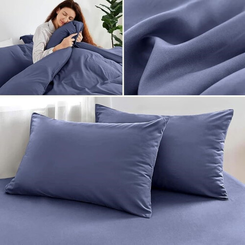(Washed Blue, Double Size Set) 4PC Dyed Duvet Cover Bedding Set with Fitted Sheet 2