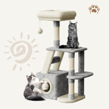 (Light Grey/Beige-107CM) Grey Cat Tree With Doors, Hammock, Scratching Post-53/70/107/162/131CM