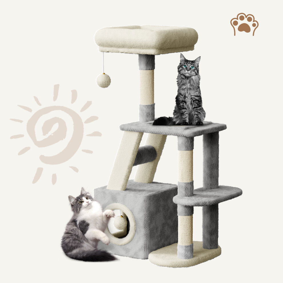 (Light Grey/Beige-107CM) Grey Cat Tree With Doors, Hammock, Scratching Post-53/70/107/162/131CM