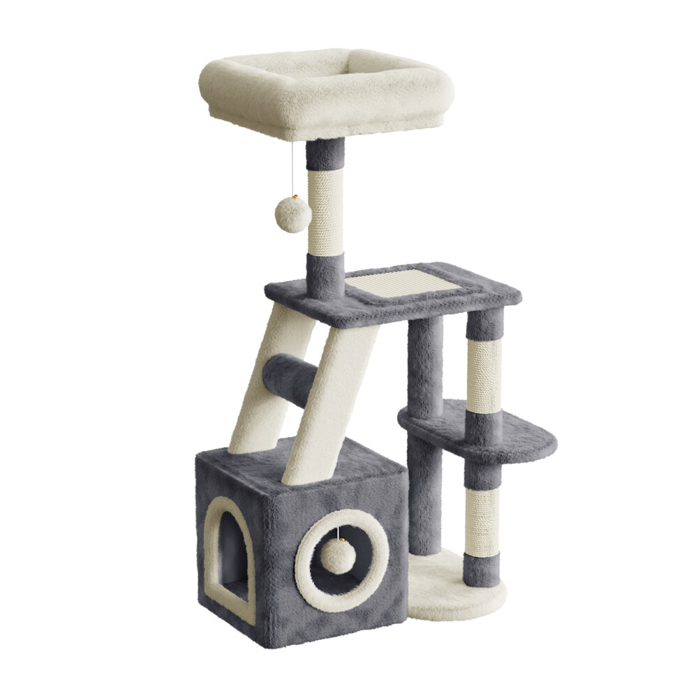 (Dark Grey/Beige-107CM) Grey Cat Tree With Doors, Hammock, Scratching Post-53/70/107/162/131CM